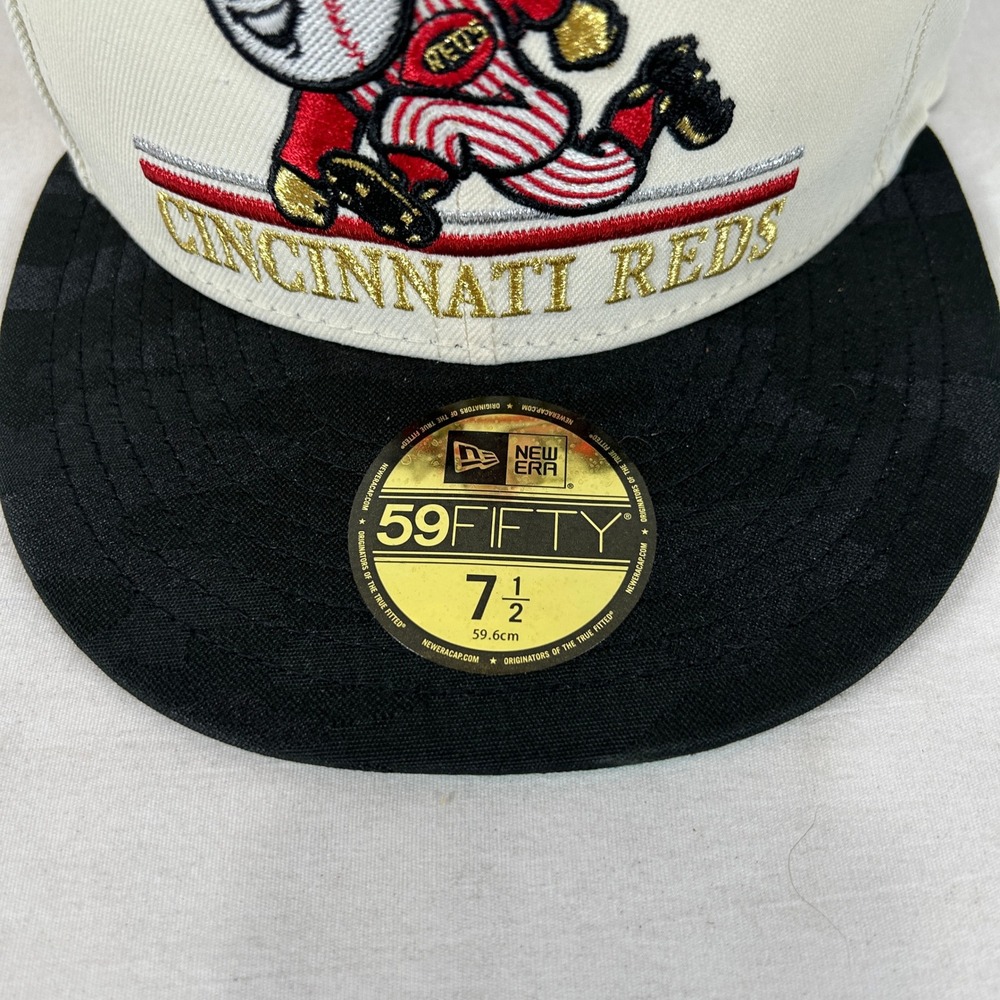 New Era 59FIFTY Cincinnati Reds Hat 7 1/2 Cream Black Mr Redlegs World Series - Picture 2 of 9